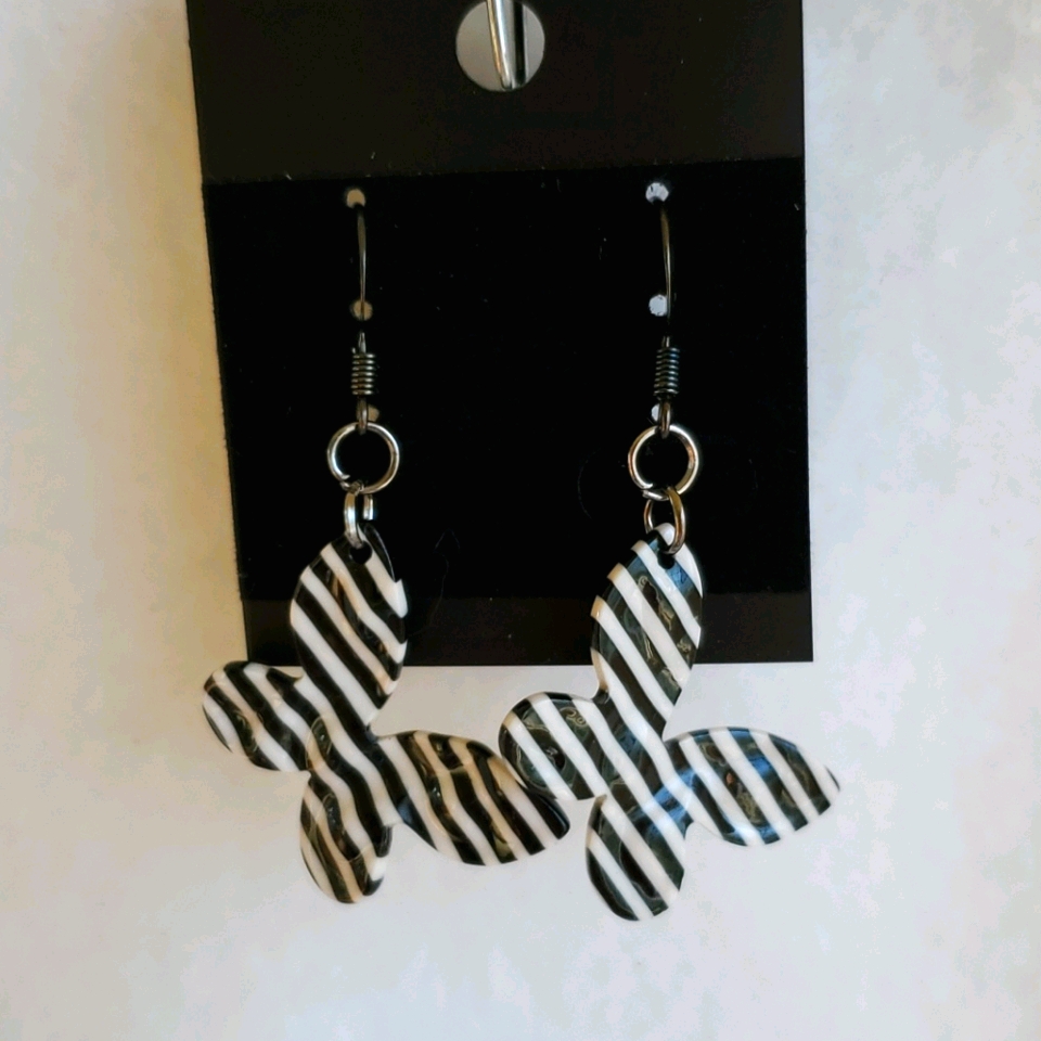 Womens Black & White Striped Butterfly Earrings